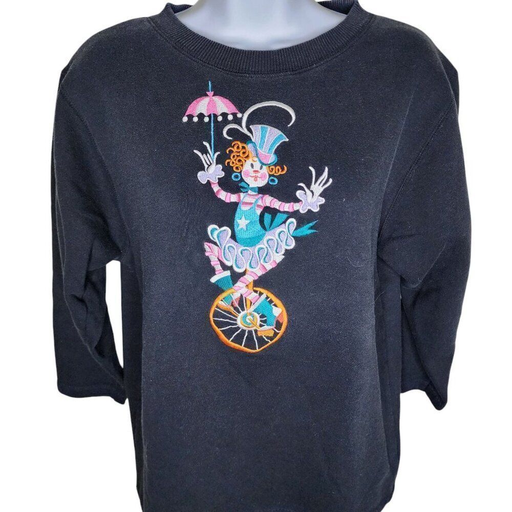 Bob Mackie Clown Sweatshirt Womens Size S Black Art to Wear 2 Sided Embroidered